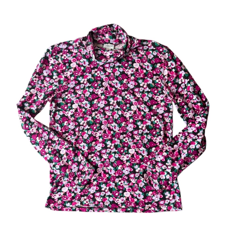 J.Crew Floral Turtleneck Top Cottagecore Coquette Pink Rose Print Stretch - Picture 2 of 10